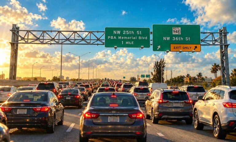 Tráfico detenido en una composición editorial de la Palmetto Expressway