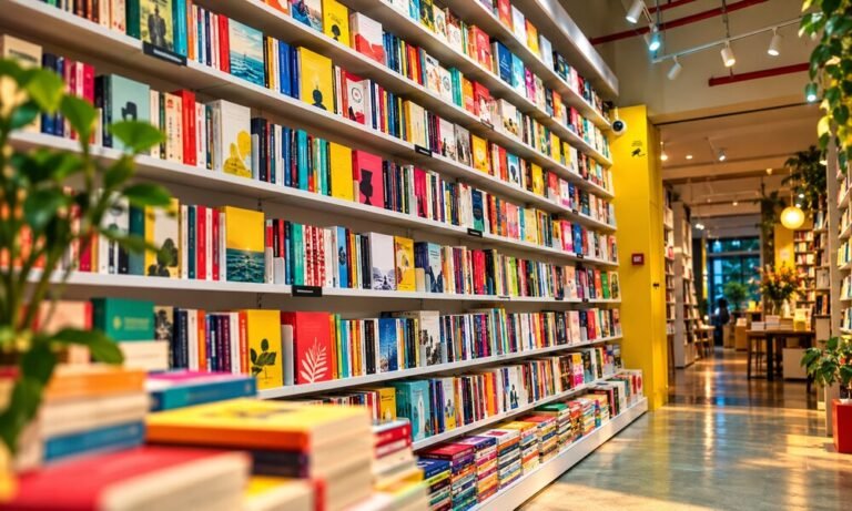 Libros de colores en una librería, fotografía con tratamiento pop vintage