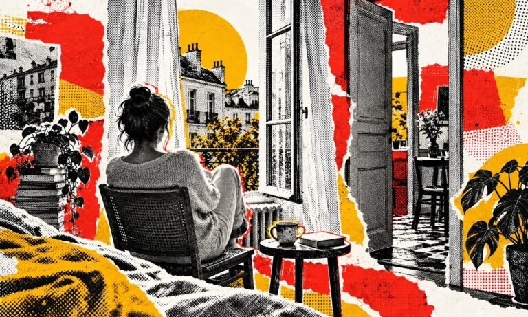 Una mujer de espaldas junto a una ventana, en un fotomontaje pop sobre el cansancio emocional.