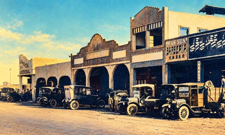 Fotomontaje editorial de una calle histórica de La Chinesca, Mexicali, circa 1920