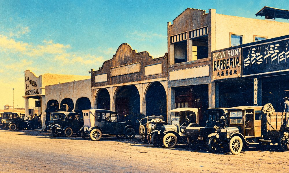 Fotomontaje editorial de una calle histórica de La Chinesca, Mexicali, circa 1920