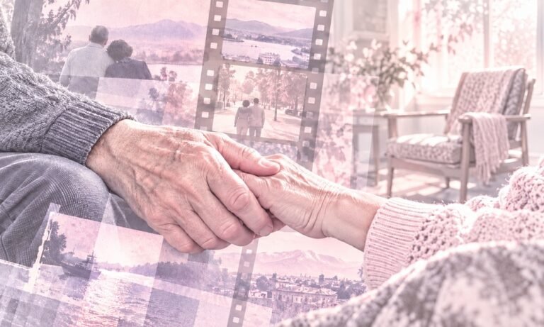 Fotomontaje sobre la memoria y el afecto: manos entrelazadas y recuerdos en tonos blancos, rosa y lavanda suaves.