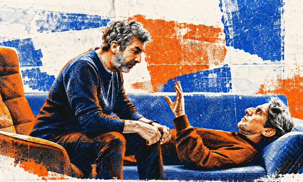 Ricardo Darín y Diego Peretti en Lo dejamos acá, con tratamiento pop azul, naranja y blanco
