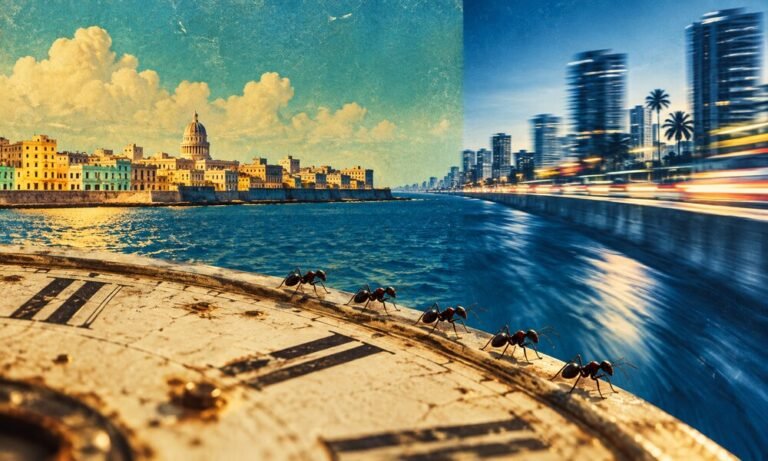 Collage editorial de una ciudad cubana, hormigas y un reloj