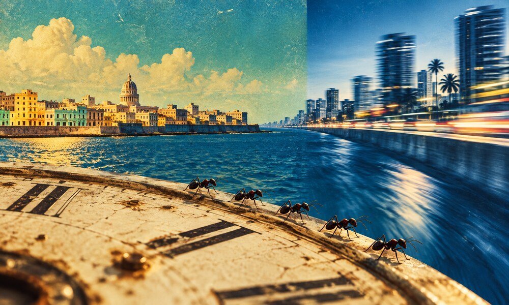 Collage editorial de una ciudad cubana, hormigas y un reloj