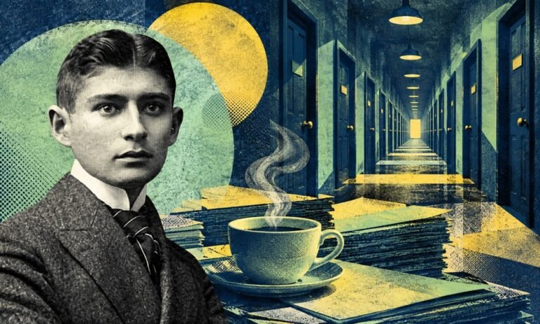 Fotomontaje pop vintage de Franz Kafka, una taza de café y un corredor de puertas