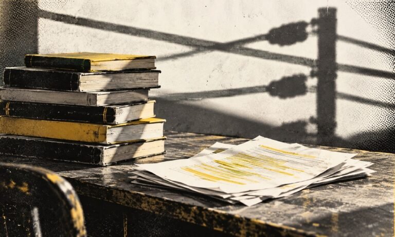 Libros y una lista resaltada frente a sombras de cuerdas de boxeo, fotomontaje pop conceptual
