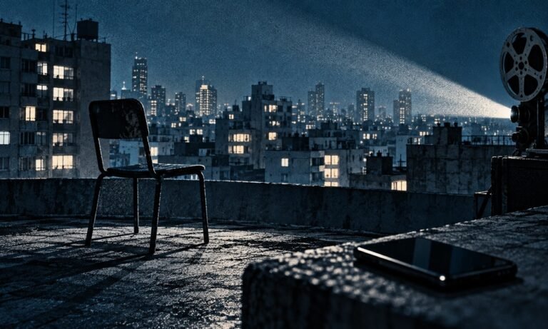 Silla vacía y proyector en una azotea nocturna, fotomontaje conceptual azul