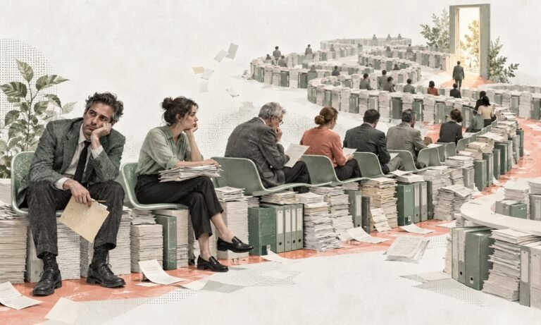 Personas esperando entre archivos y papeles en una sala que se convierte en laberinto.