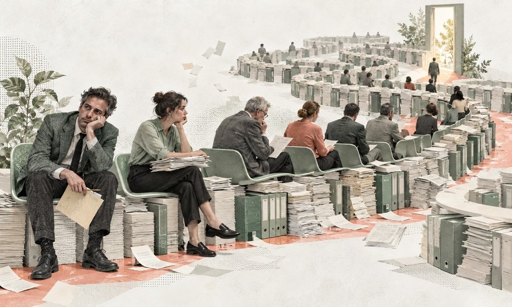 Personas esperando entre archivos y papeles en una sala que se convierte en laberinto.