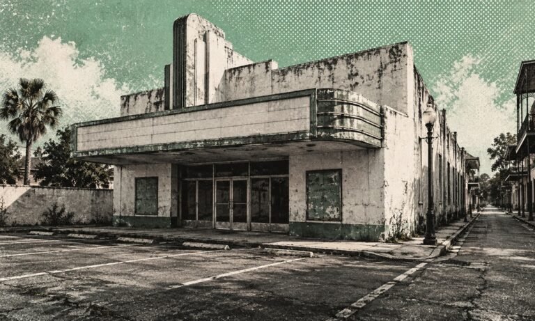 Cine de barrio cerrado y estacionamiento vacío, fotomontaje conceptual en verde menta